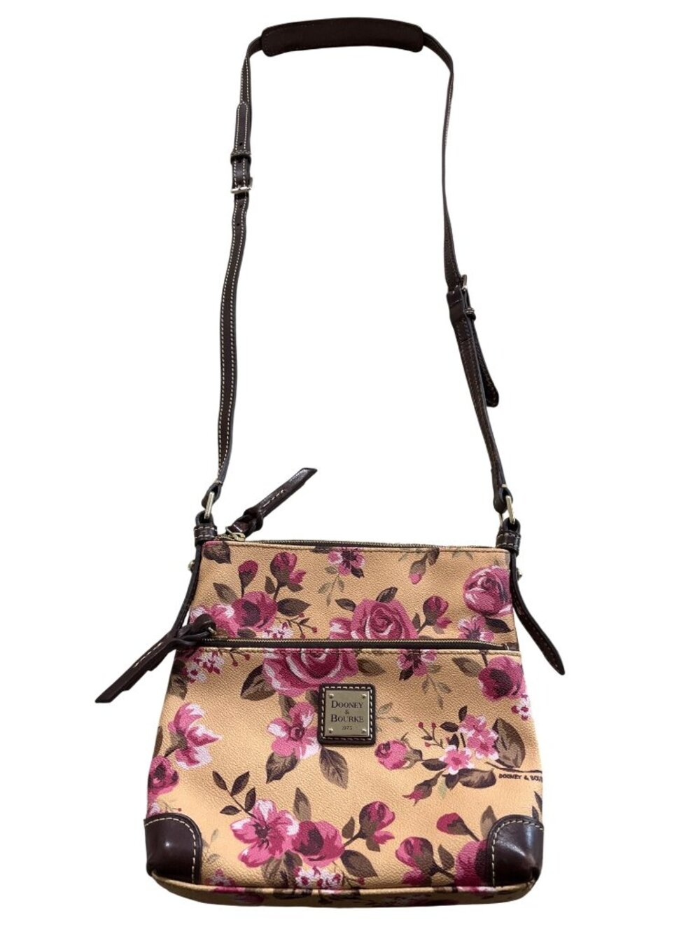Dooney & Bourke Cabbage Rose Crossbody Bag Floral Carrier Brown-Leather-Trim